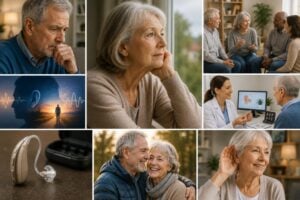 A collage of older adults experiencing different stages of their hearing care journey, including moments of reflection, support group conversations, consultations with a hearing care professional, wearing hearing aids, reconnecting with loved ones, and enjoying improved communication and quality of life.