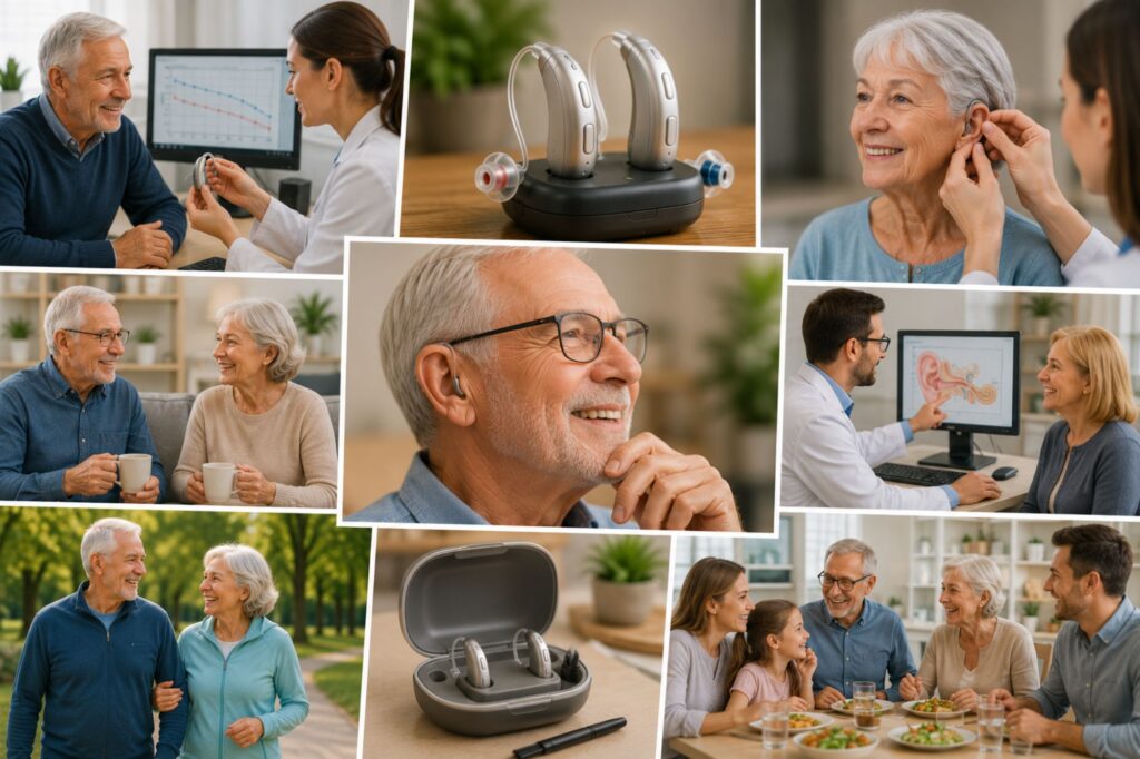 A collage illustrating a first hearing aid visit, featuring adults meeting with hearing care professionals, receiving comprehensive hearing evaluations, being fitted with modern hearing aids, learning about hearing technology, and enjoying renewed connections with family, friends, and everyday life through better hearing.